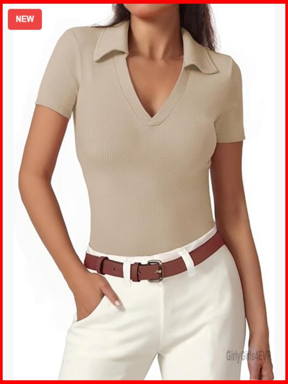 V-Neck Short Sleeve Polo Shirt for Women Business Casual Fitted Ribbed Top